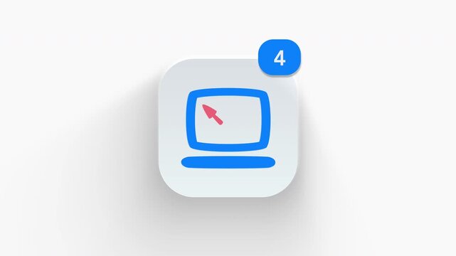 Desktop computer app icon featuring animated notification badge with counter 1 to 99, dynamic shadow effect, minimalist pc monitor display workstation concept, on white background. 