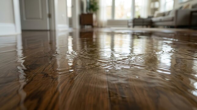 A flooded indoor living area with wood flooring needs urgent water damage restoration.