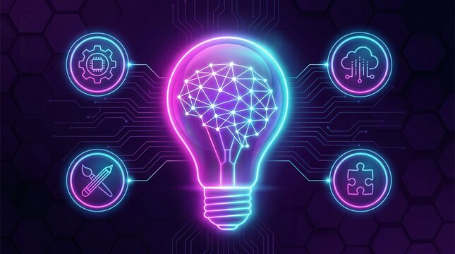 A glowing neon lightbulb icon representing creative innovation surrounded by artificial intelligence and digital symbols.