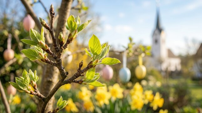 A sunlit spring garden with opening tree buds, yellow daffodils, and colorful easter eggs in soft focus.