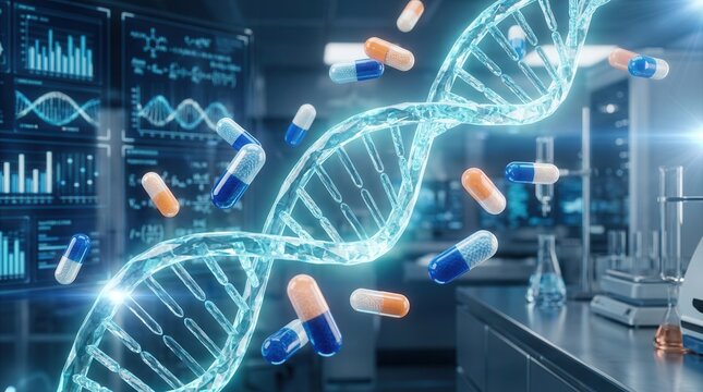 A blue medical laboratory background with a DNA double helix and floating pharmaceutical capsules for healthcare research.