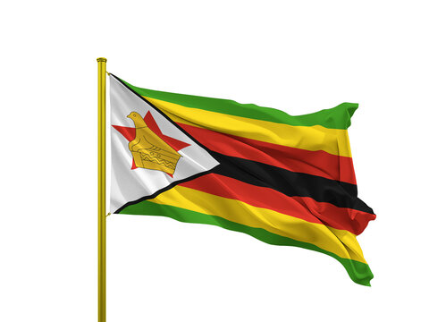 Zimbabwe flag waving on a golden pole isolated on Transparent Background