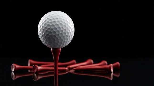 White golf ball on a red tee with a dark background and scattered red tees in a panoramic layout.
