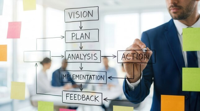 Strategic planning session in an office featuring a flowchart with sticky notes for vision, plan, and analysis.