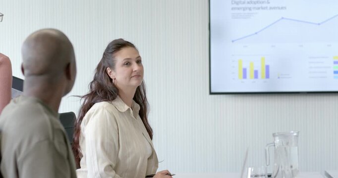 Diverse team in meeting watching presenter walking up, pointing at monitor highlighting chart