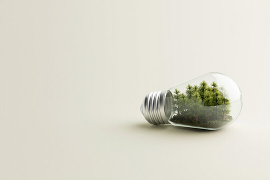 Tiny forest inside a light bulb sustainability and idea concept
