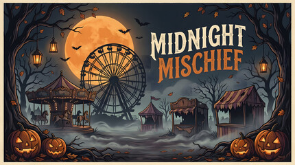 Fototapeta premium Midnight carnival with a Ferris wheel, carousel, and stalls under a full moon, evoking eerie Halloween amusement park vibes.