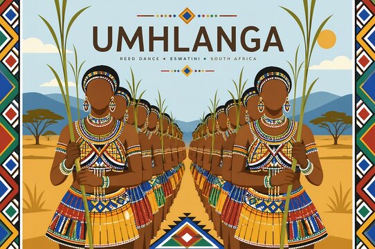 Umhlanga Reed Dance festival banner with traditional African women dancers