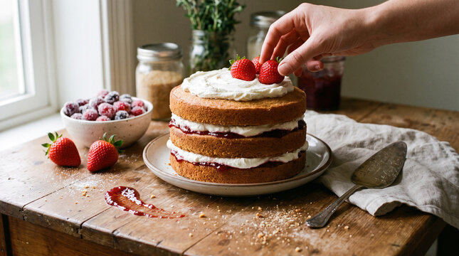 Homemade Strawberry Shortcake with Fresh Strawberries and Whipped Cream in Rustic Kitchen