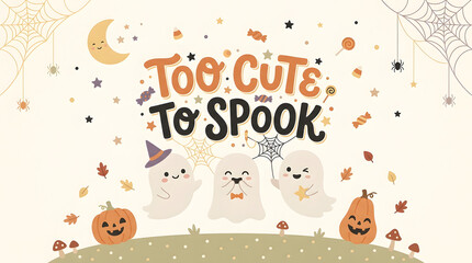 Fototapeta premium Three cheerful ghosts with pumpkins and spider webs on grassy hill provides adorable halloween landscape for kids nursery art or stationery.