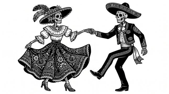 Dancing skeleton couple in traditional mexican attire for dia de muertos festive celebration