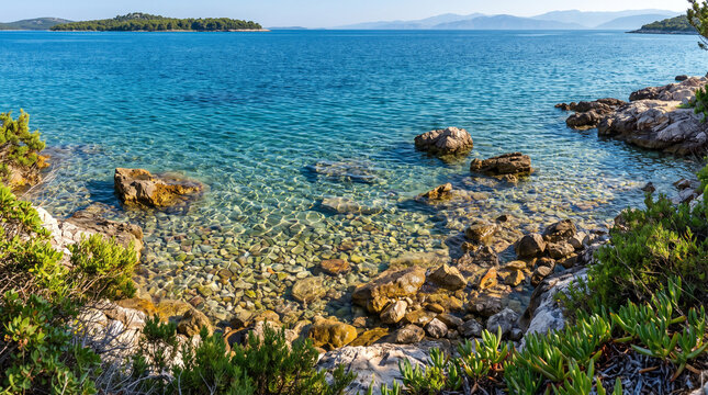 Crystal clear Mediterranean seawater surrounds a rocky coastline with a distant island