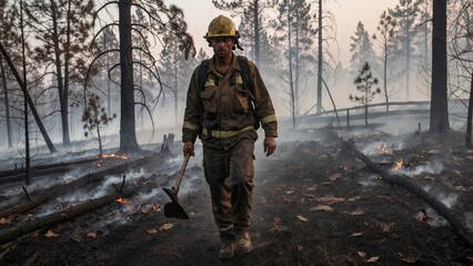 Obraz premium Lonely firefighter walking through burnt forest landscape after wildfire disaster