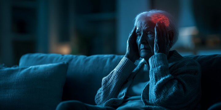 Distressed elderly woman holding her head with a glowing red brain overlay symbolizing dementia or memory loss.