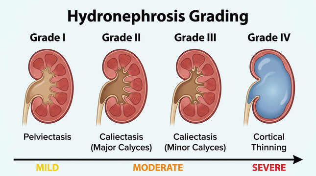 Medical illustration showing four grades of hydronephrosis, from mild renal pelvis dilation to severe enlargement of the renal collecting system with calyceal dilation and cortical thinning.
