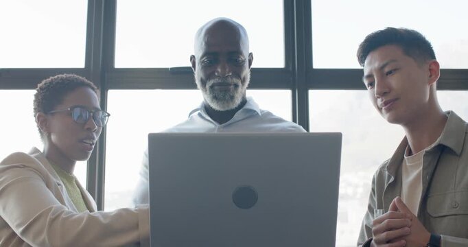 Diverse coworkers reviewing laptop, finalizing project after lead presenting screen, woman pointing