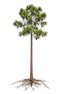  Longleaf Pine &mdash; Mature Longleaf Pine tree, very tall trunk and long dense green needles, exposed visible roots, 23 ratio, isolated on seamless pure white background