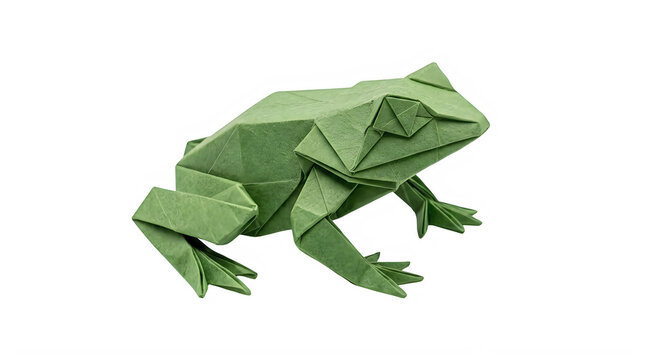 A small green paper frog made with origami technique