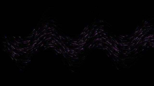 Dynamic stream of glowing purple light particles flowing gracefully in a sine wave pattern across a dark background, creating an abstract technology motion loop video.