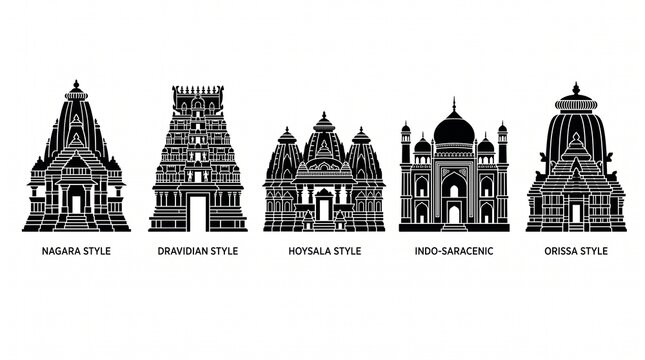 Indian temple architecture styles vector illustration set. nagara, dravidian, hoysala, indo-saracenic, orissa black silhouettes de