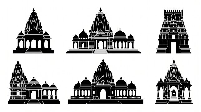 Indian temple architecture vector silhouettes set. traditional hindu and mughal style buildings icons for design and cultural illu