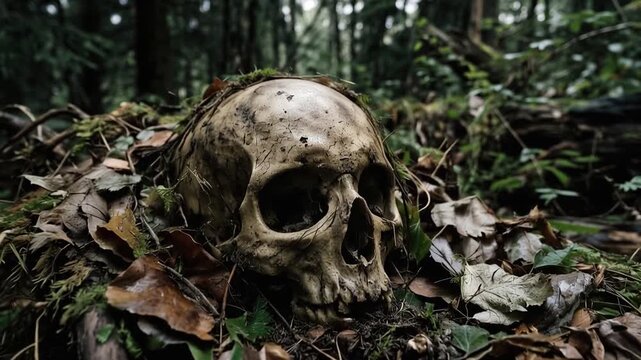 Human skull lying on the forest floor covered with moss and fallen leaves. Scary concept of death and nature decay in deep woods. Dark atmospheric background for Halloween horror.