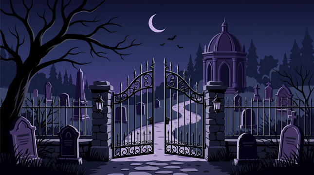Haunting gothic cemetery gate at night with full moon and eerie fog for dark fantasy art