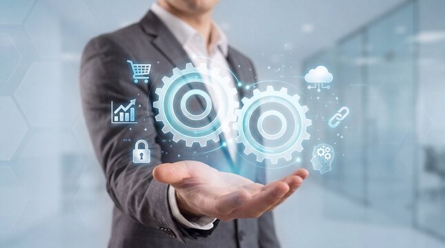 A businessman holding glowing gears and icons representing technology and innovation in a modern office setting.