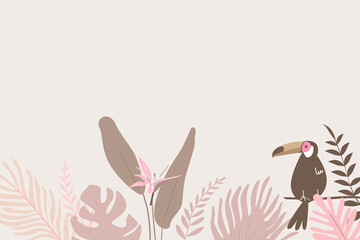 Pink botanical background with tropical leaves and flamingo and toucan birds © Rawpixel.com