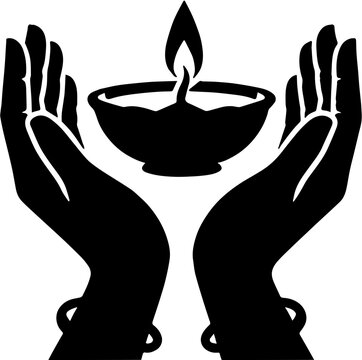 Silhouette of a hand with a diwali diya on white background