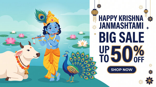 Festive Lord Krishna with Sacred Cow and Peacock in Retail Sale Banner for Janmashtami Promotion