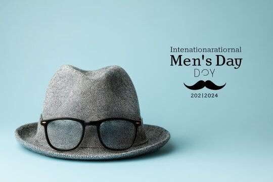 Graphic image of a hat, glasses and mustache emphasizing masculinity on a light blue gradient background with the text "International Men's Day 2024". Concept International Men's Day 