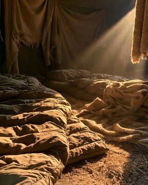 Thermal sleeping bags traced over quilted baffle seams across a cold tent floor