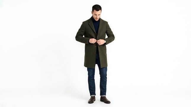 Man in a green overcoat and blue jeans buttons up his jacket