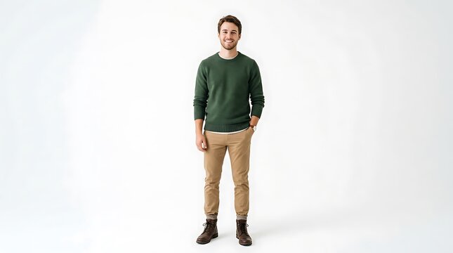 Young man in casual green sweater and tan chinos standing confidently