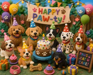 Fototapeta premium A Festive Group of Cute Puppies Celebrating a Birthday Party with a Cake and Colorful Decorations in a Playful Garden Setting