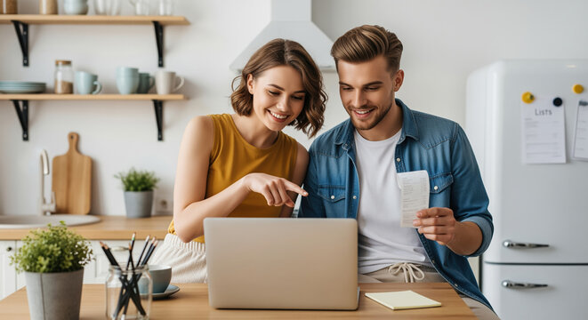 Family budget management and grocery receipt check on laptop by couple in kitchen for household expense tracking, online banking payment and home mortgage loan application marketplace scene