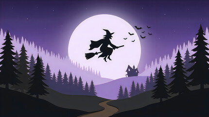 Fototapeta premium A silhouette of a witch flying on a broomstick against a large full moon in a dark forest