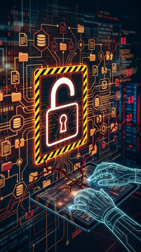 Digital padlock with warning stripes on circuit board, symbolizing cybersecurity threat and data breach, with digital hands on tablet