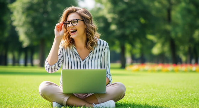Happy young woman working and learning outdoors represents blogging freelance writing SEO social media and online courses with positive self development flexible employment and creative career