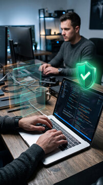 Digital code displayed on screens with a security shield icon, representing cybersecurity and programming work, showcasing technology and data protection
