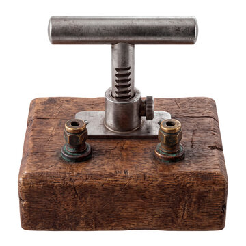 Vintage wooden hand detonator isolated on a white and transparent background. Retro explosive mining equipment.