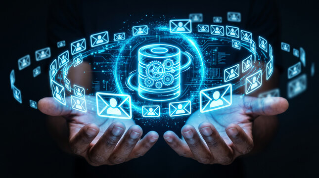 Digital data flow visualized by glowing icons of envelopes and a server in open hands, symbolizing communication, networking and cloud technology