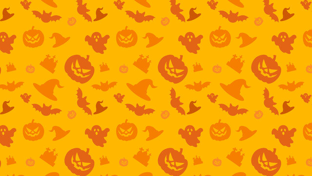 Seamless halloween pattern background with orange pumpkins ghosts and witch hats on yellow halloween seamless background seasonal celebration decorative wallpaper wrapping illustration