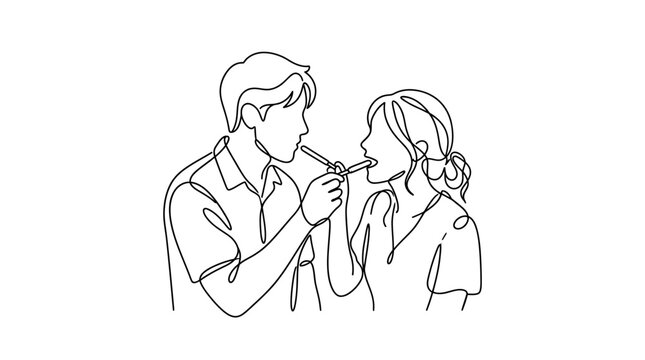 Continuous One Line Drawing of Young Couple Feeding Each Other Snack Sticks in Romantic Moment