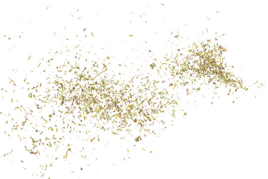 Chopped dry thyme flying, isolated on white background, clipping path