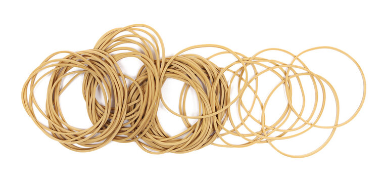 Brown rubber bands isolated on white, top view