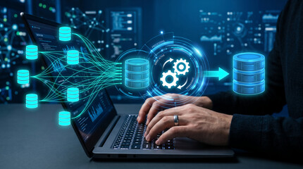 Fototapeta premium Digital interface displays data flow and processing with database icons and connecting lines, symbolizing technology and information management