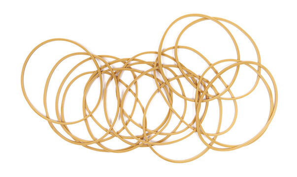Brown rubber bands isolated on white, top view