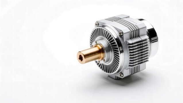 Industrial electric motor with copper shaft and aluminum housing. Precision-engineered for CNC, robotics, automation. Clean 3D render on white background. Ideal for engineering, tech, industrial conce